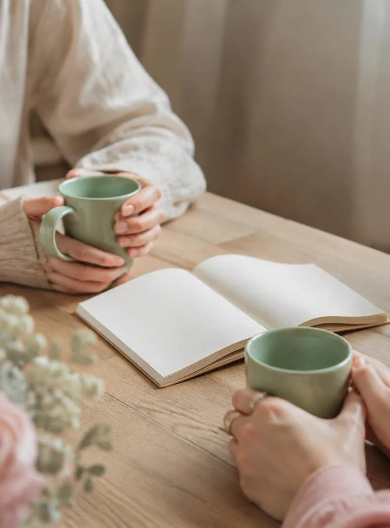 Hands around two mint ceramic mugs across a pale oak table with an open notebook