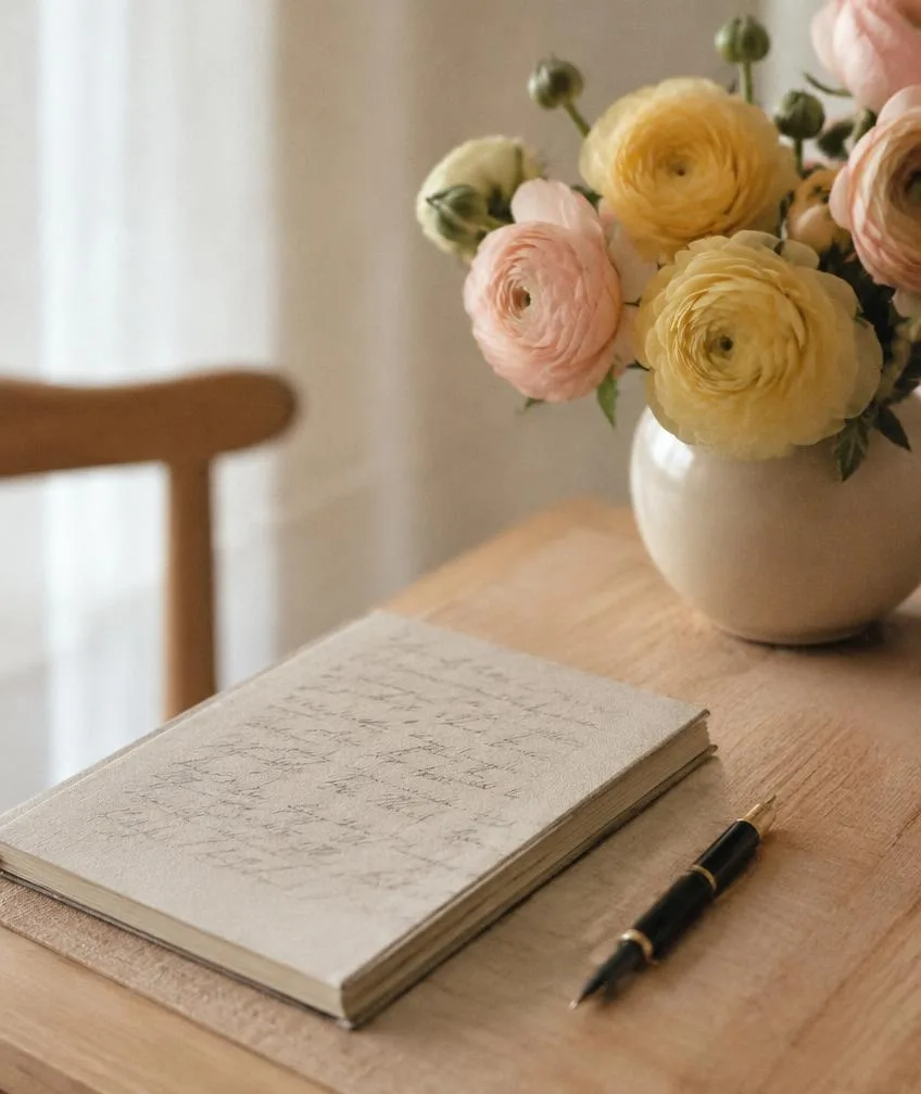 Linen notebook with handwritten notes, a fountain pen and a vase of ranunculus
