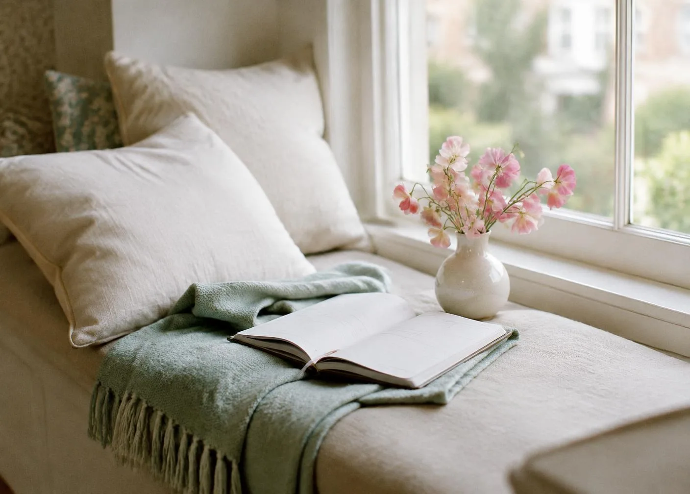 Window seat with a folded mint throw and an open paper planner in morning light