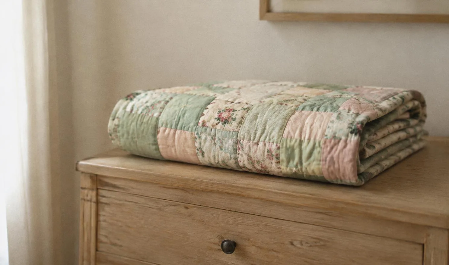 Heirloom quilt in mint and blush folded on an oak chest
