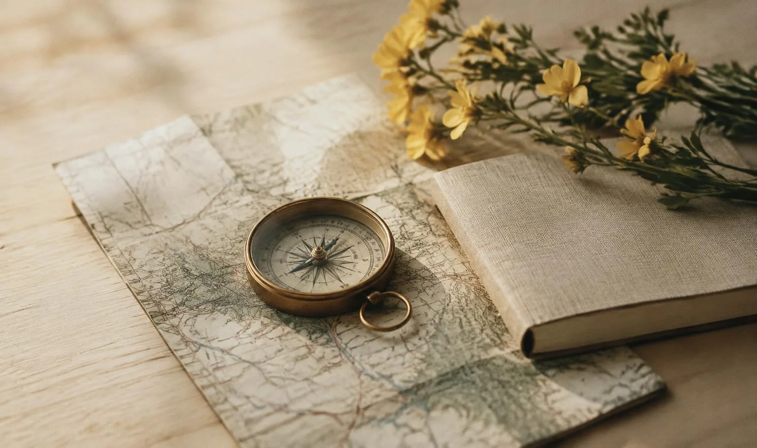 Brass compass on a folded paper map beside a notebook