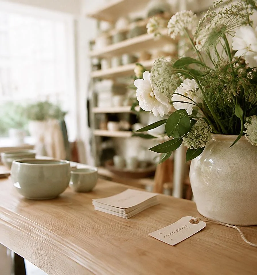 Boutique shop counter with a hand-lettered tag