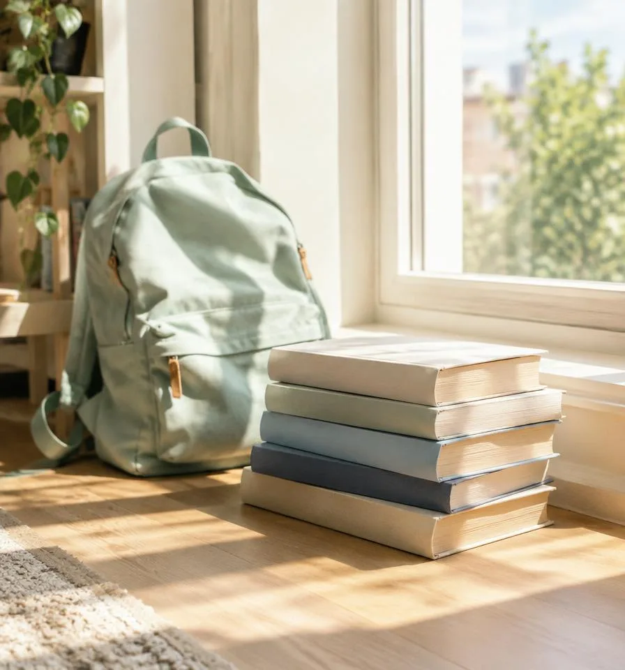 College textbooks and a backpack by a sunny window