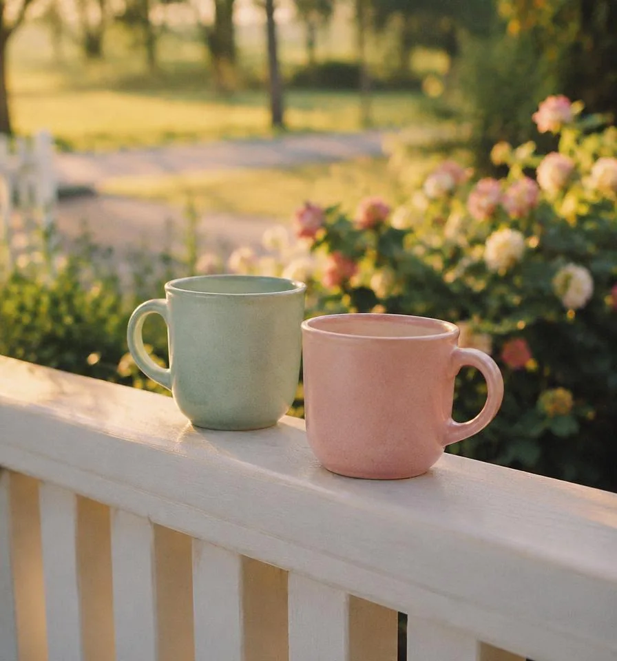 Two mugs on a porch railing at golden hour