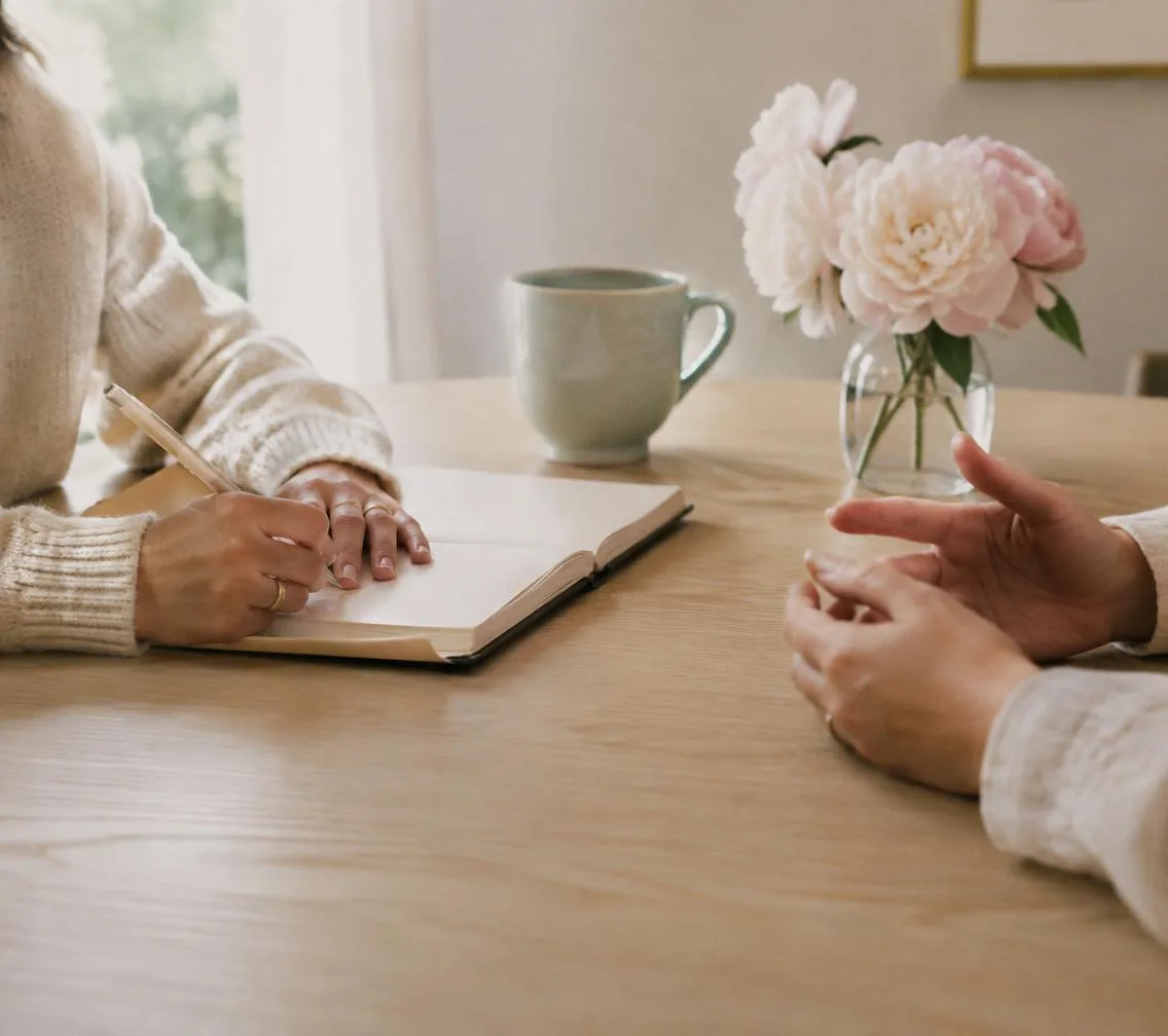 A woman's hands taking notes across a table from another person's hands, with a mint mug