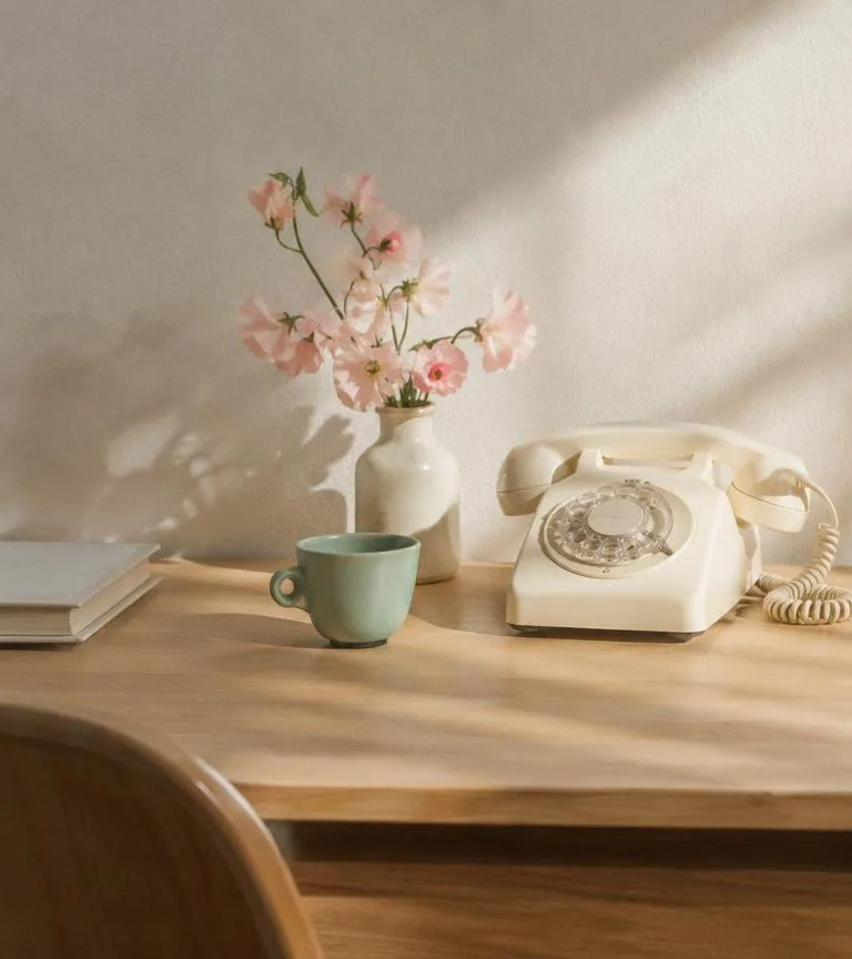 Sunlit desk with a cream vintage rotary phone, a mint cup and sweet peas